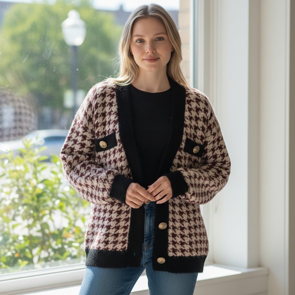 Maeve Anthropologie Houndstooth Chunky Knit Cardigan Black Burgundy Sz M
